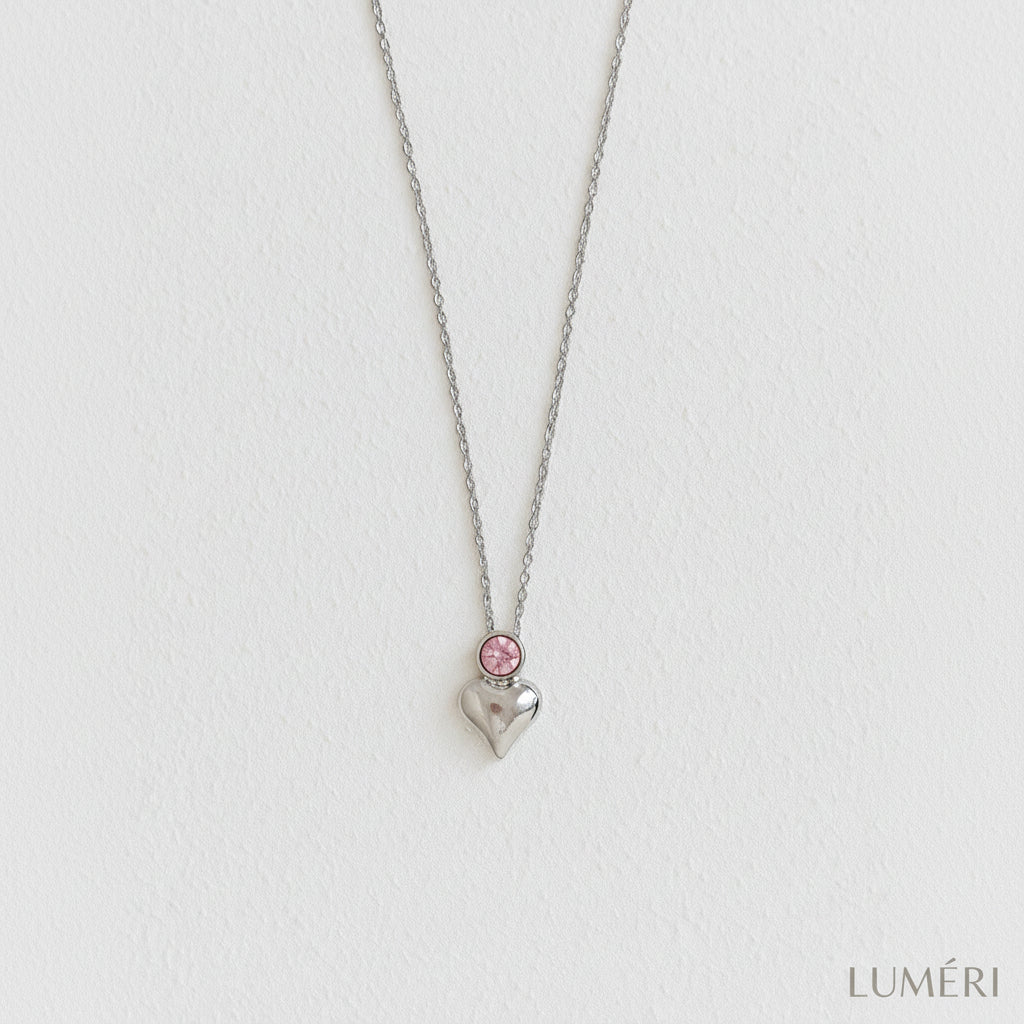Luméri Bloom | Stainless Steel Pink Stone Heart Necklace For Women worn on model – LUMÉRI