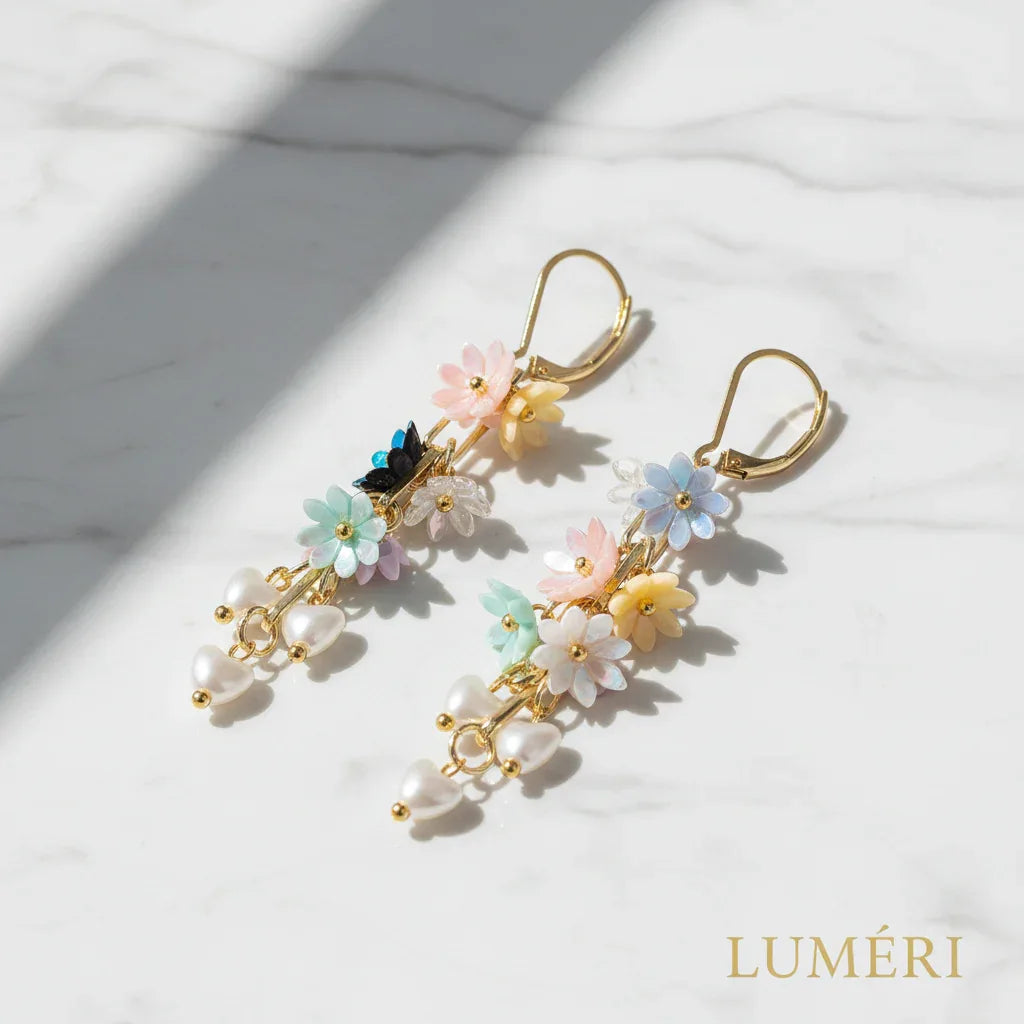 Luméri Essence | 24k Gold Earrings With Floral Design Handmade worn on model – LUMÉRI