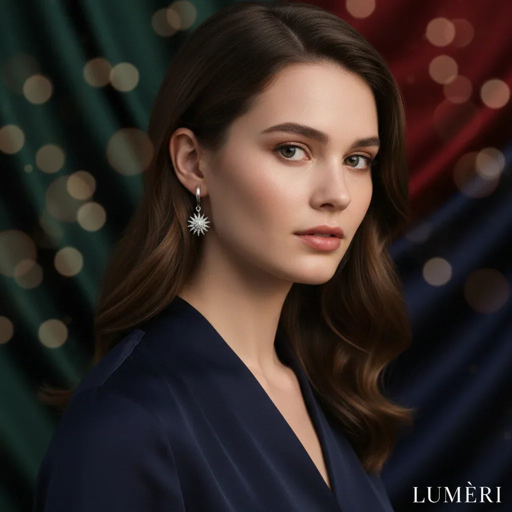 Luméri Aura | Silver Plated Sun Earrings With White Zircon Stone close-up detail – LUMÉRI