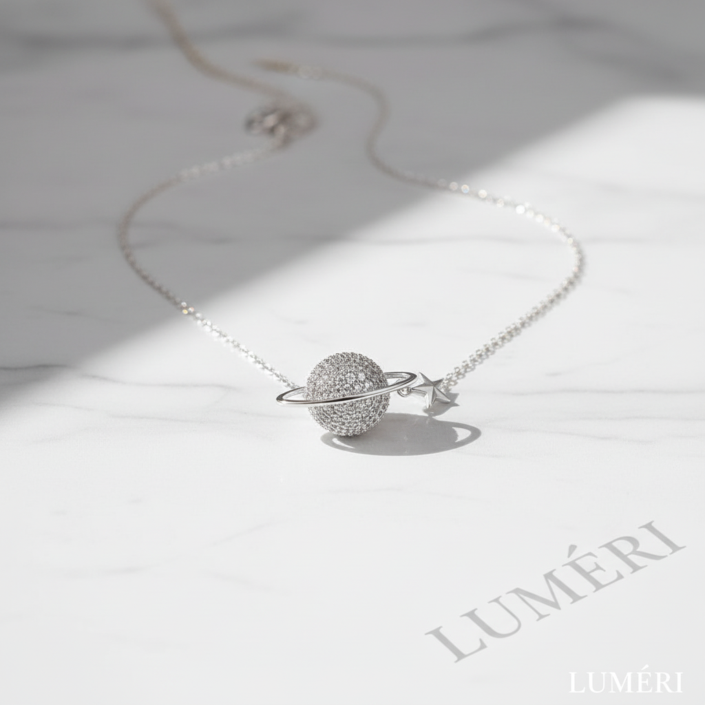 Luméri Bloom | 925 Sterling Silver Saturn Planet Necklace With White Zircon Stone – LUMÉRI luxury jewelry