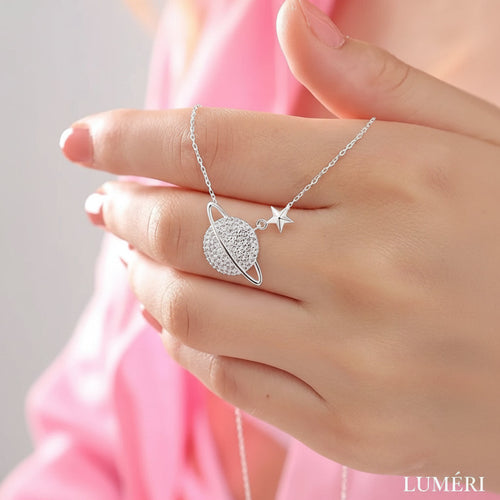 Luméri Bloom | 925 Sterling Silver Saturn Planet Necklace With White Zircon Stone product photo – LUMÉRI