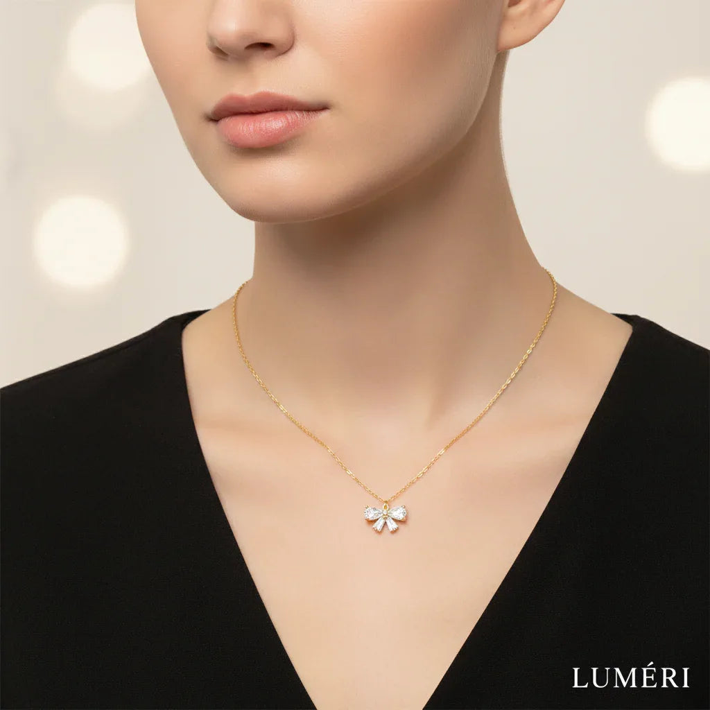 Luméri Aura | Stainless Steel Zircon Bow Necklace For Women worn on model – LUMÉRI