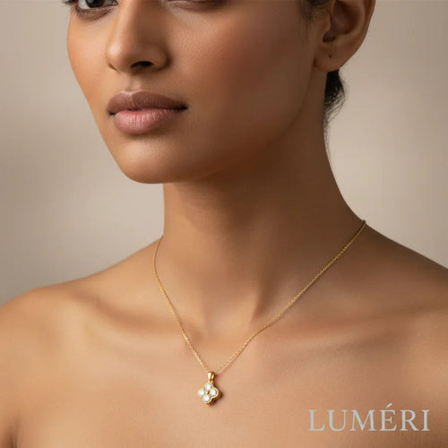 Luméri Bloom | Stainless Steel Crystal Clover Necklace For Women worn on model – LUMÉRI