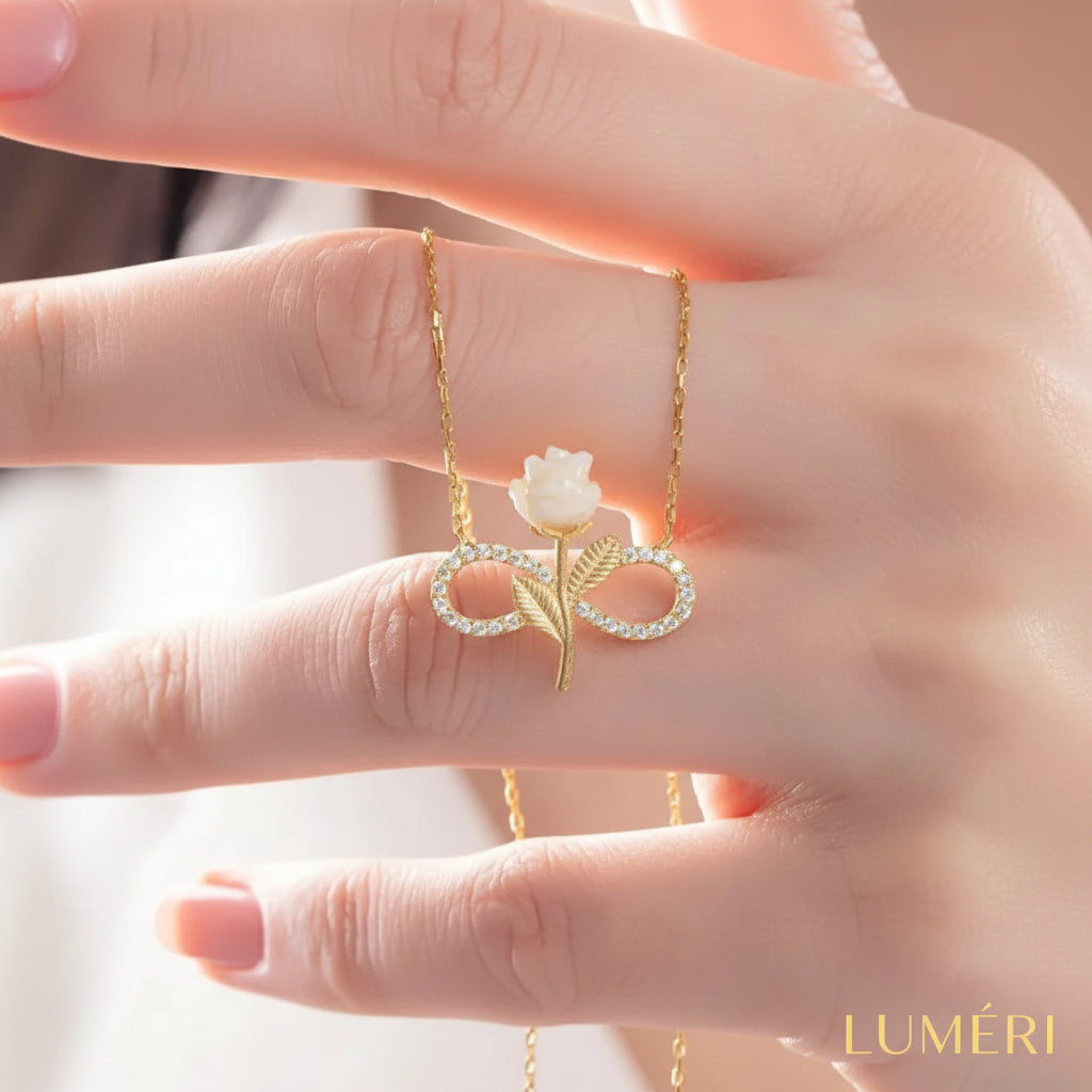Luméri Aura | 925 Sterling Silver Gold Plated White Rose Infinity Necklace Zircon product photo – LUMÉRI