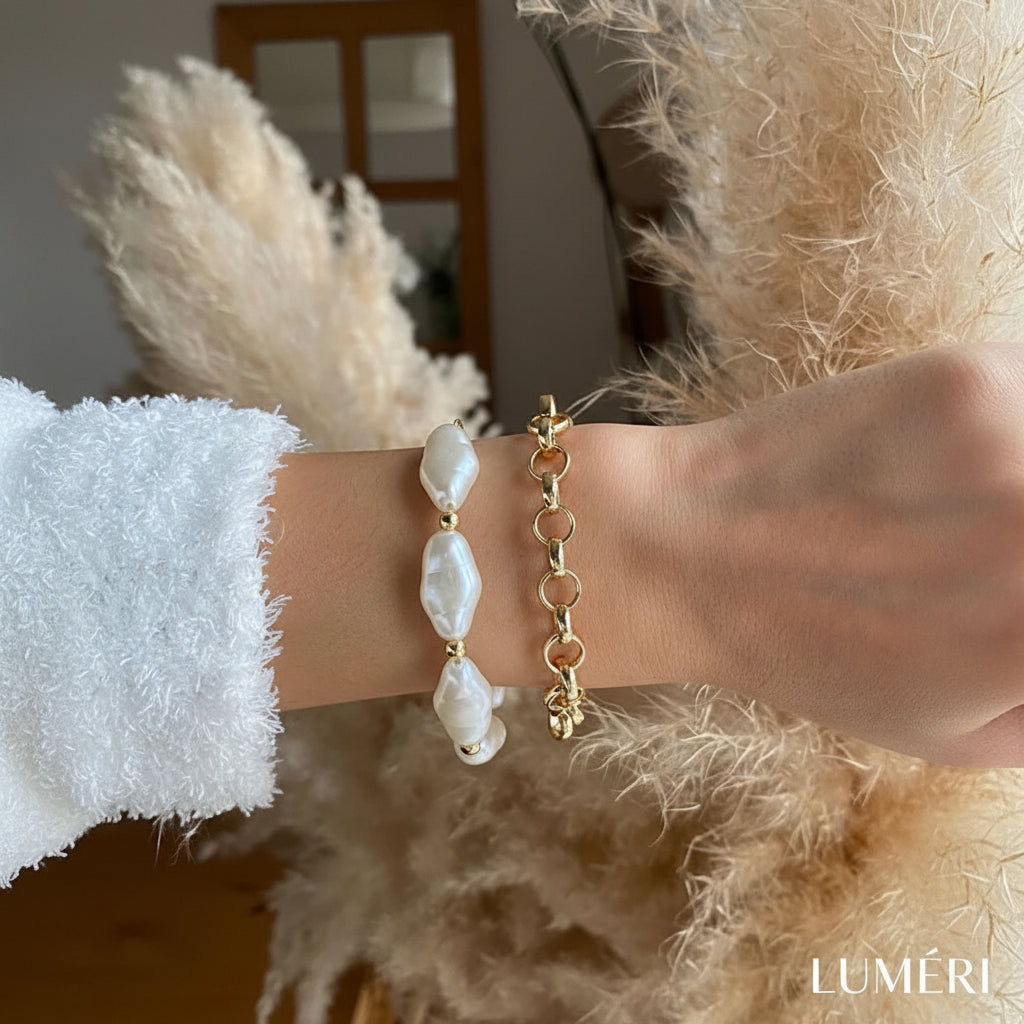 Luméri Aura | Pearl Chain Bracelet Set Adjustable Two Piece Minimalist Jewelry