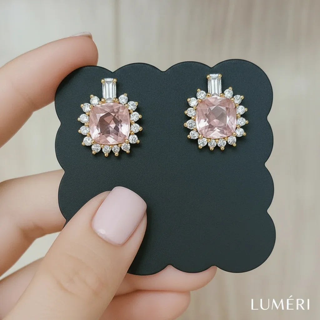 Luméri Aura | 18k Gold Square Stud Earrings With Pink Cubic Zirconia – LUMÉRI luxury jewelry