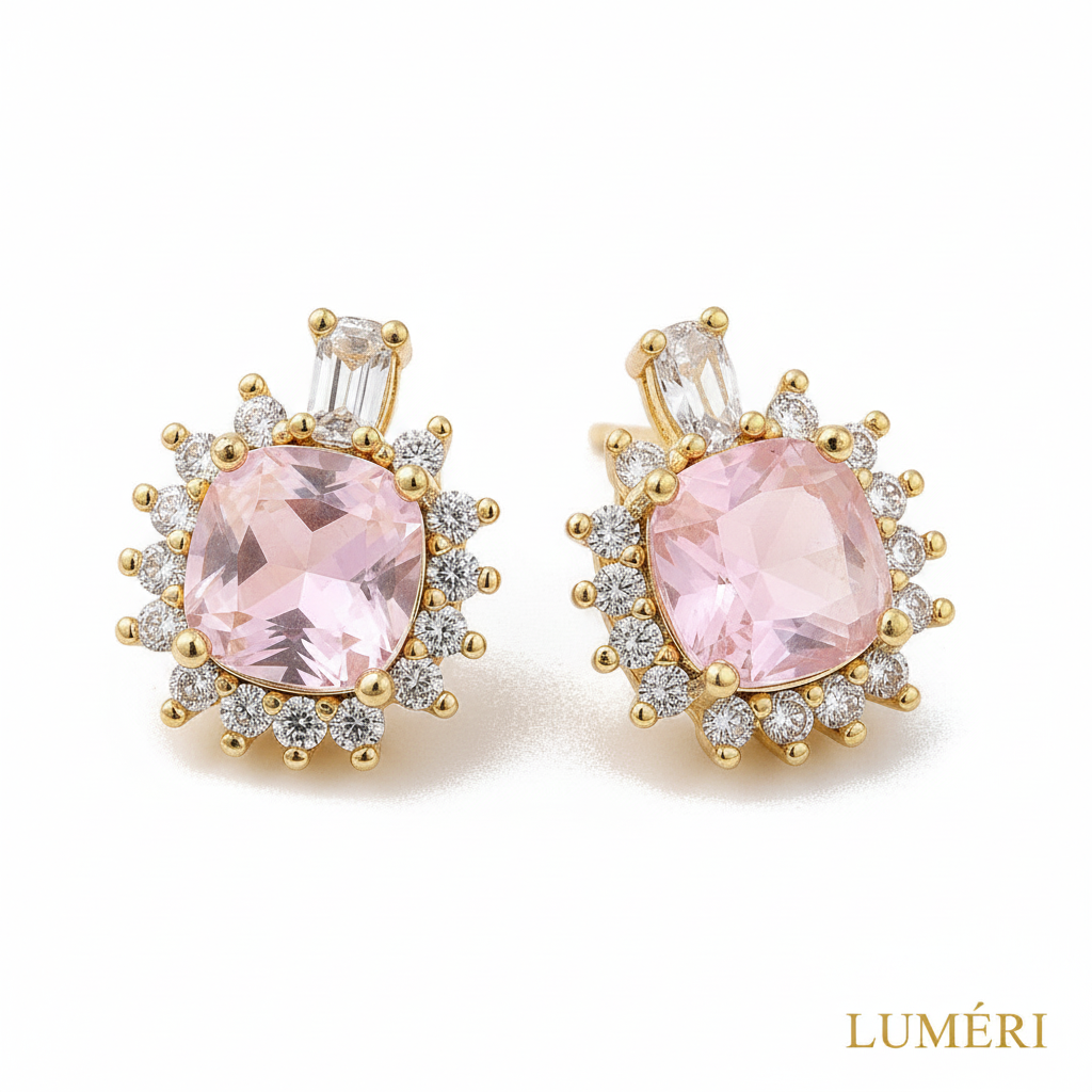 Luméri Aura | 18k Gold Square Stud Earrings With Pink Cubic Zirconia product photo – LUMÉRI
