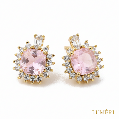 Luméri Aura | 18k Gold Square Stud Earrings With Pink Cubic Zirconia product photo – LUMÉRI