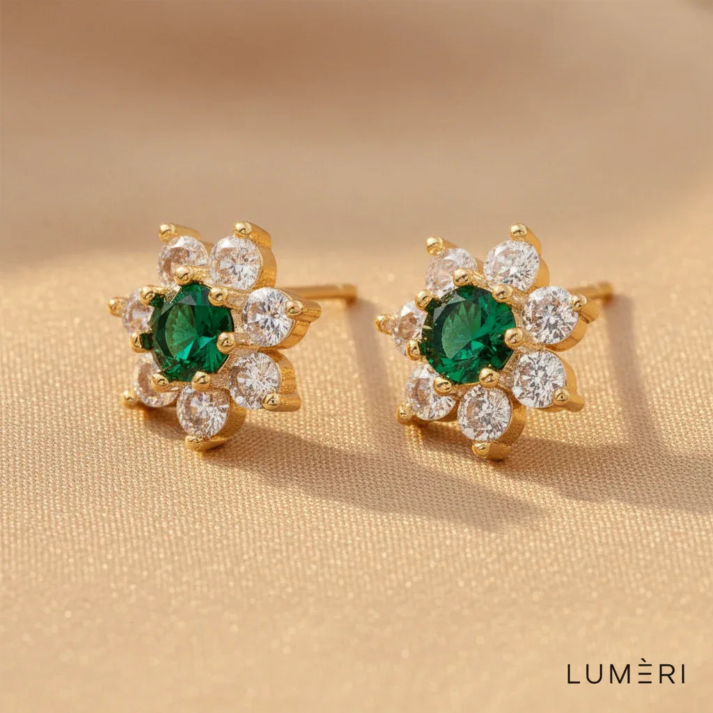 Luméri Bloom | 18k Gold Stud Earrings With Green Flower Cubic Zirconia – LUMÉRI luxury jewelry