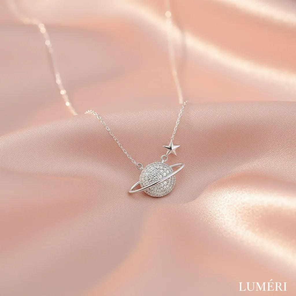 Luméri Bloom | 925 Sterling Silver Saturn Planet Necklace With White Zircon Stone – LUMÉRI luxury jewelry