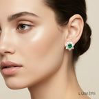 Luméri Bloom | 18k Gold Stud Earrings With Green Flower Cubic Zirconia worn on model – LUMÉRI