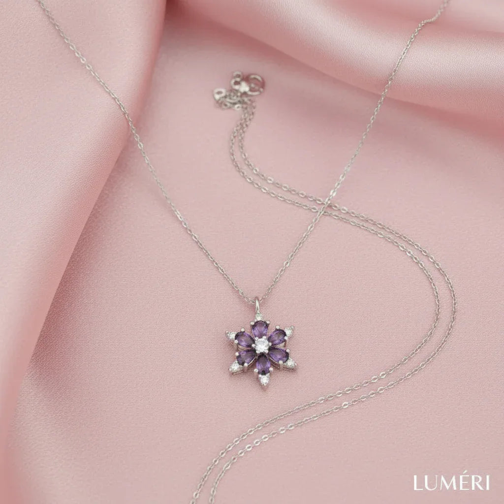 Luméri Aura | 925 Sterling Silver Lotus Camellia With Amethyst Teardrop Stone – LUMÉRI luxury jewelry