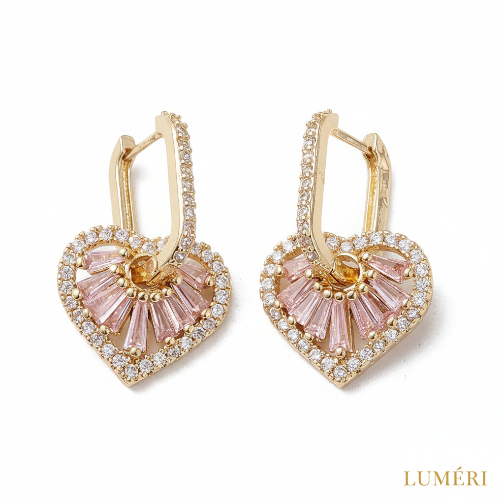 Luméri Bloom | 16k Gold Hoop Earrings With Pink Heart Cubic Zirconia product photo – LUMÉRI