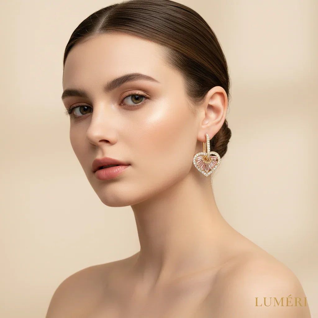 Luméri Bloom | 16k Gold Hoop Earrings With Pink Heart Cubic Zirconia close-up detail – LUMÉRI