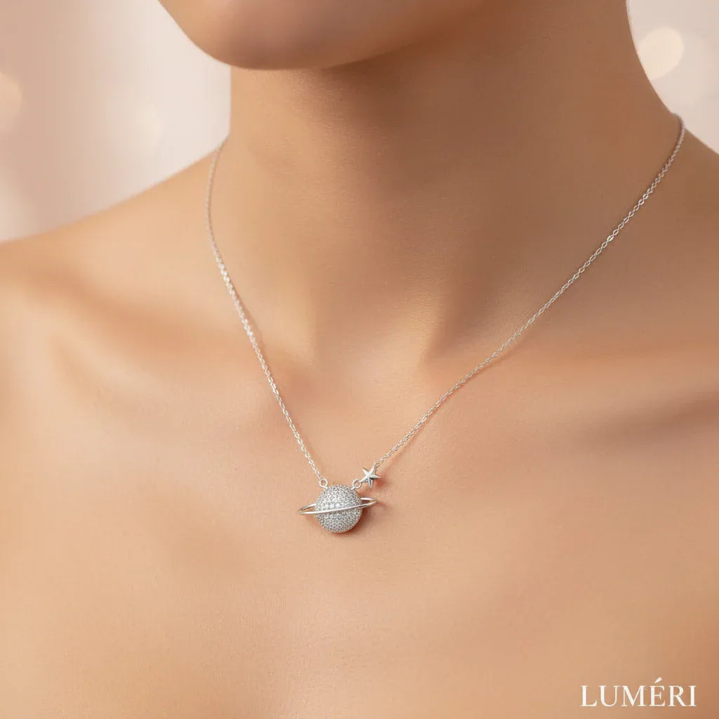 Luméri Bloom | 925 Sterling Silver Saturn Planet Necklace With White Zircon Stone close-up detail – LUMÉRI
