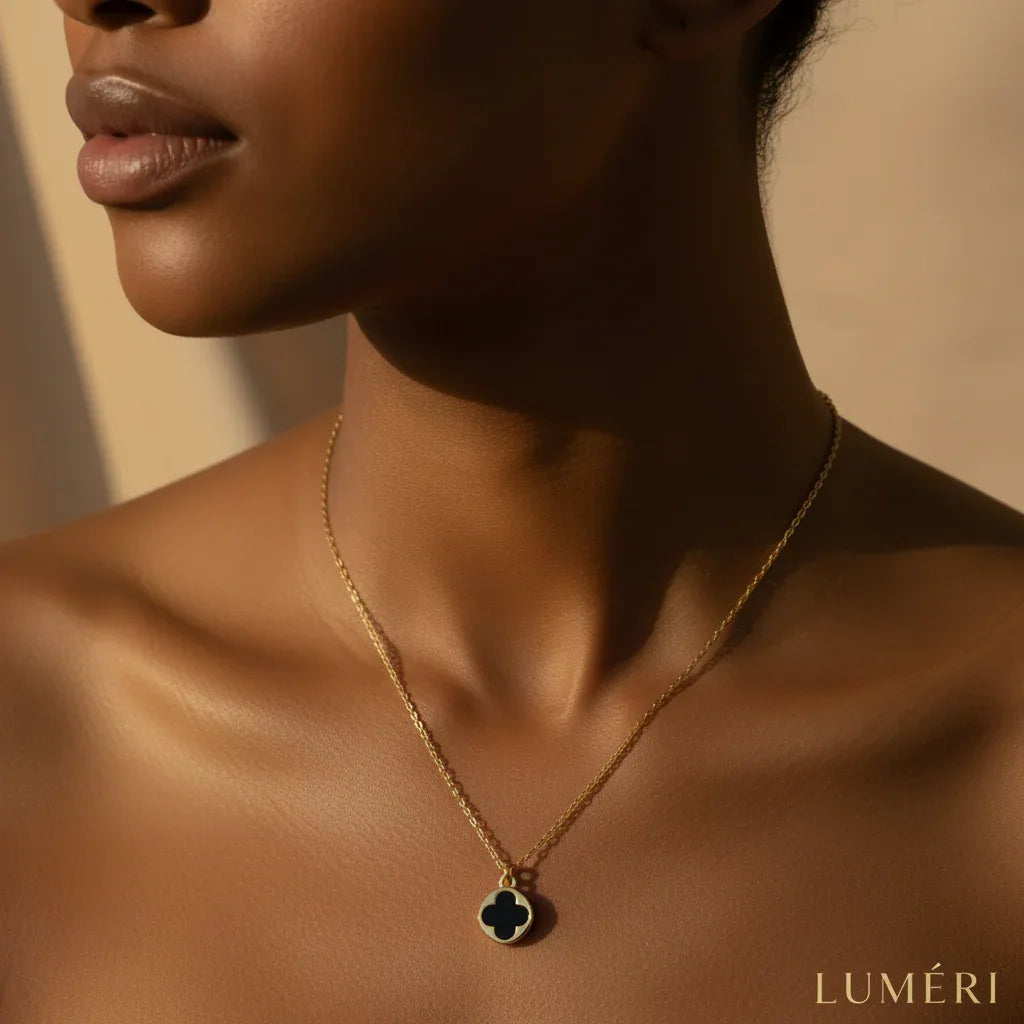 Luméri Bloom | Stainless Steel Black Clover Gold Necklace worn on model – LUMÉRI