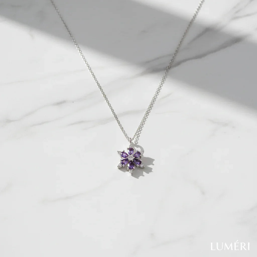 Luméri Aura | 925 Sterling Silver Lotus Camellia With Amethyst Teardrop Stone worn on model – LUMÉRI