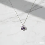 Luméri Aura | 925 Sterling Silver Lotus Camellia With Amethyst Teardrop Stone worn on model – LUMÉRI
