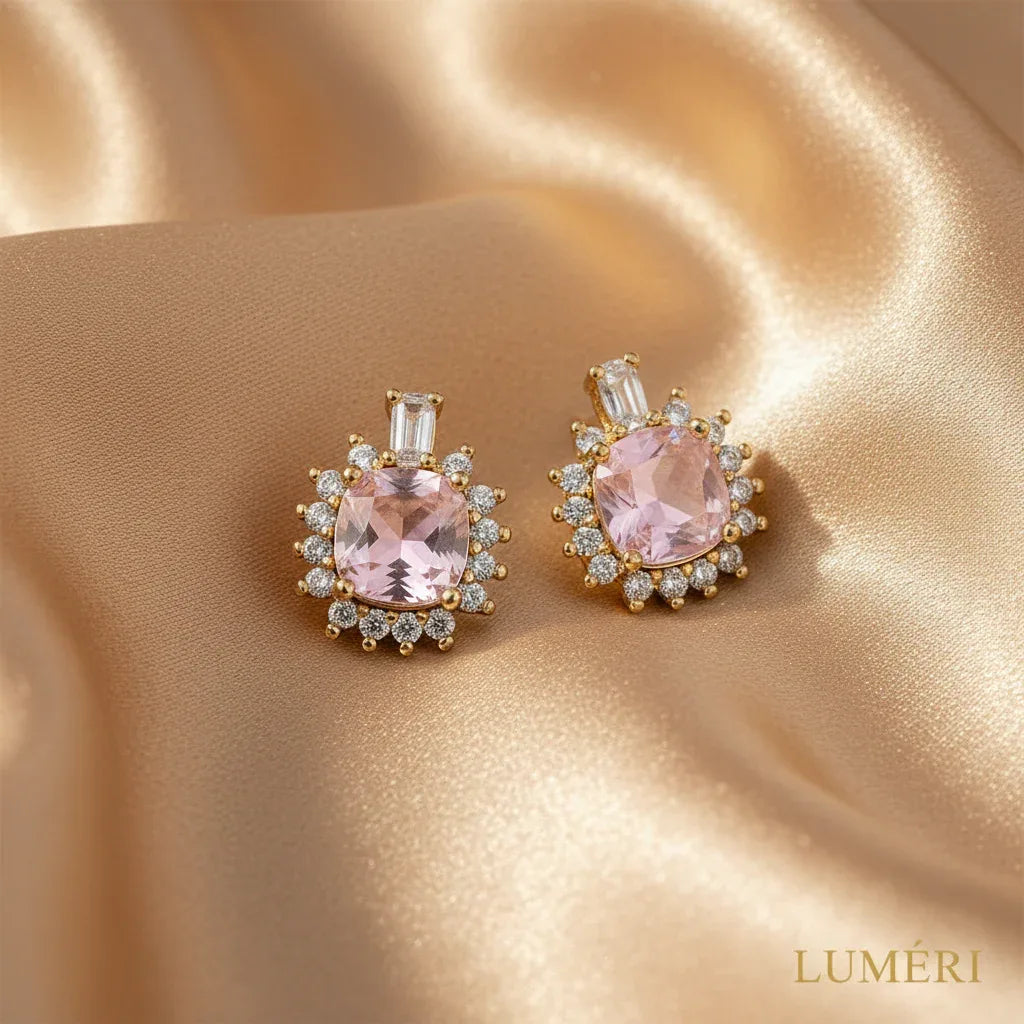 Luméri Aura | 18k Gold Square Stud Earrings With Pink Cubic Zirconia close-up detail – LUMÉRI