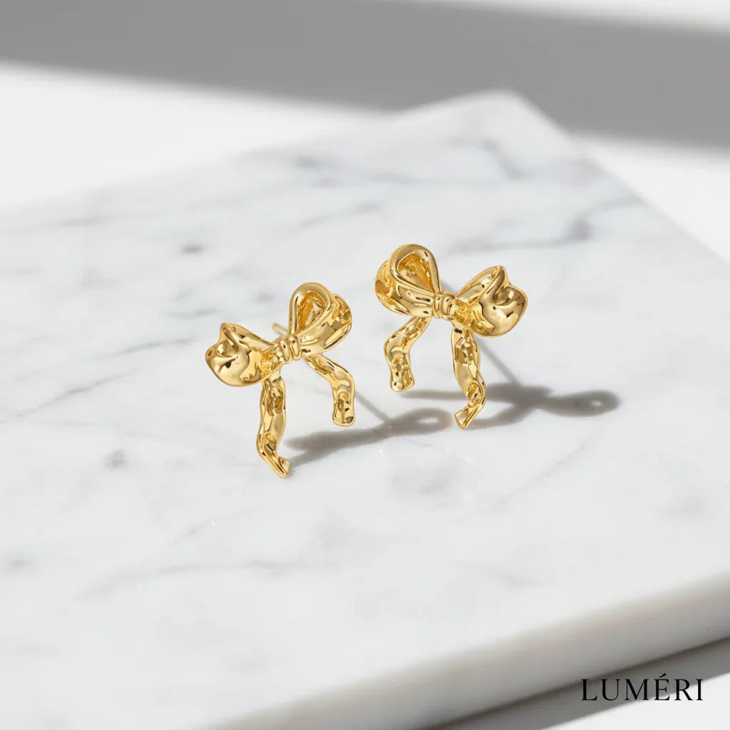Luméri Essence | Gold Small Bow Drop Earrings For Women Elegant Delicate Jewelry product photo – LUMÉRI