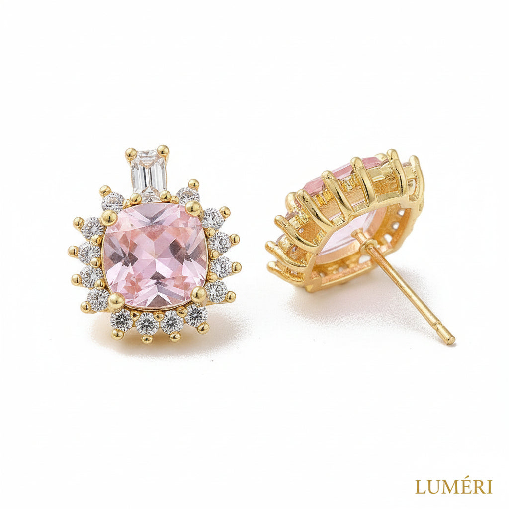 Luméri Aura | 18k Gold Square Stud Earrings With Pink Cubic Zirconia – LUMÉRI luxury jewelry