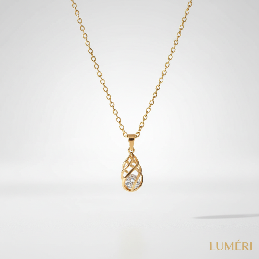 Luméri Aura | 24 Karats Cubic Zirconia Tear Drop Cage Necklace – LUMÉRI luxury jewelry