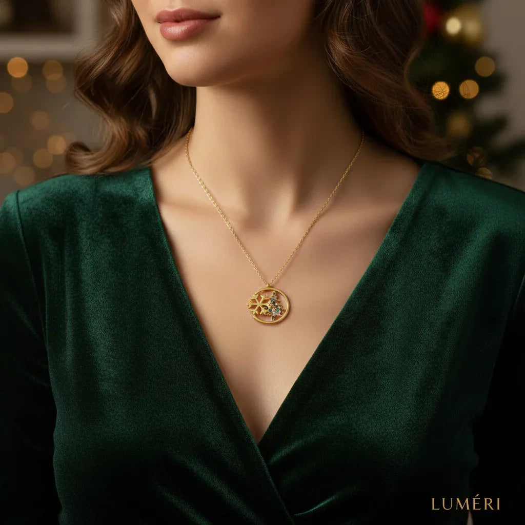 Luméri Bloom | 925 Sterling Silver Christmas Tree Necklace Snowflake Elegant Women's worn on model – LUMÉRI