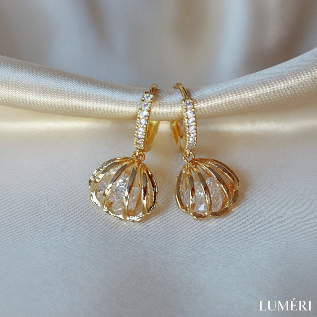 Luméri Bloom | 24 Karats Sea Shell Cubic Zirconia Hoops – LUMÉRI luxury jewelry