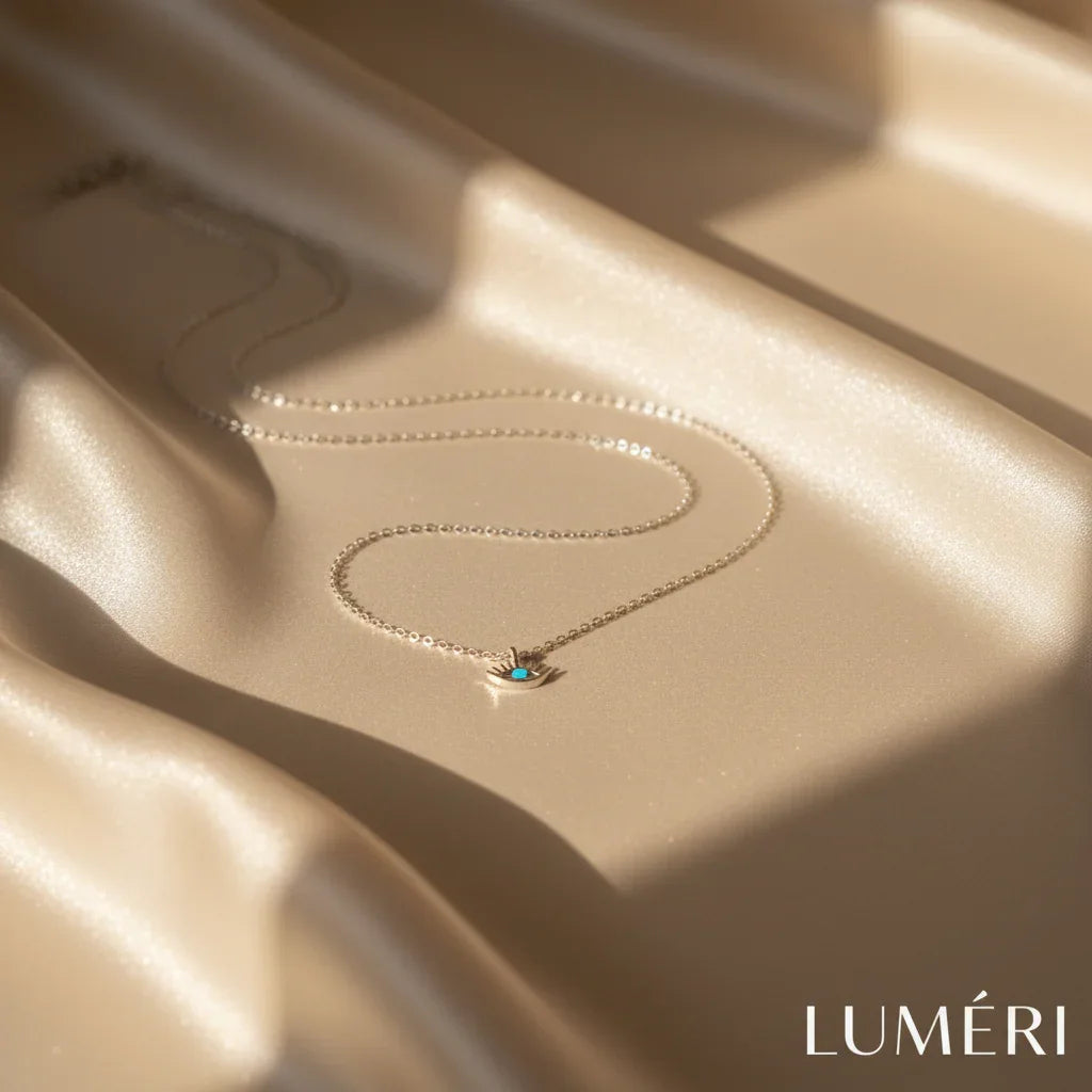 Luméri Aura | 925 Sterling Silver Eye Necklace With Turquoise Stone Eyelash Design worn on model – LUMÉRI
