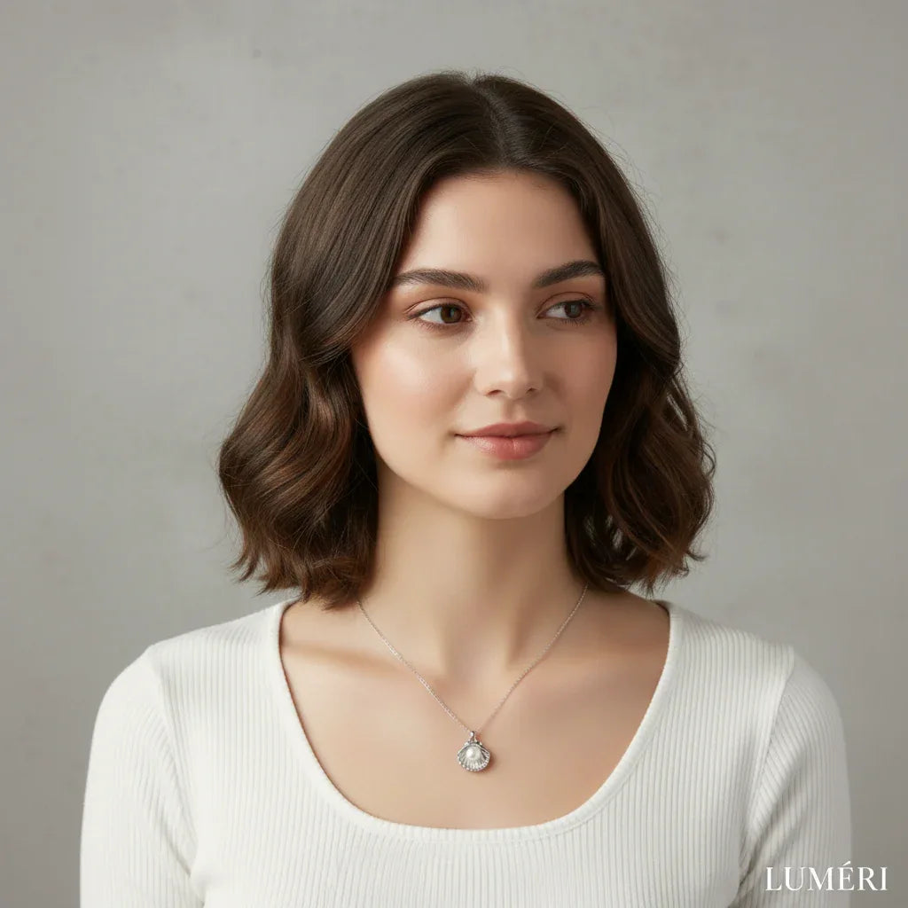 Luméri Bloom | Stainless Steel Silver Oyster Necklace For Women worn on model – LUMÉRI