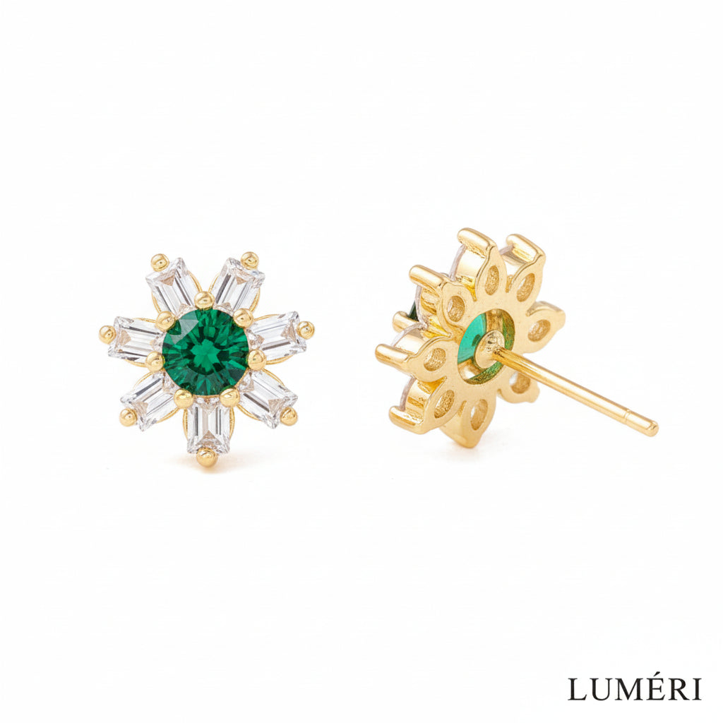 Luméri Bloom | 18k Gold Stud Earrings With Green Flower Cubic Zirconia close-up detail – LUMÉRI