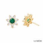 Luméri Bloom | 18k Gold Stud Earrings With Green Flower Cubic Zirconia close-up detail – LUMÉRI