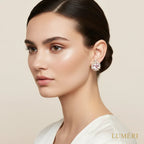 Luméri Aura | 18k Gold Square Stud Earrings With Pink Cubic Zirconia worn on model – LUMÉRI