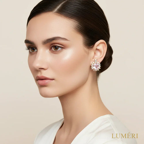 Luméri Aura | 18k Gold Square Stud Earrings With Pink Cubic Zirconia worn on model – LUMÉRI