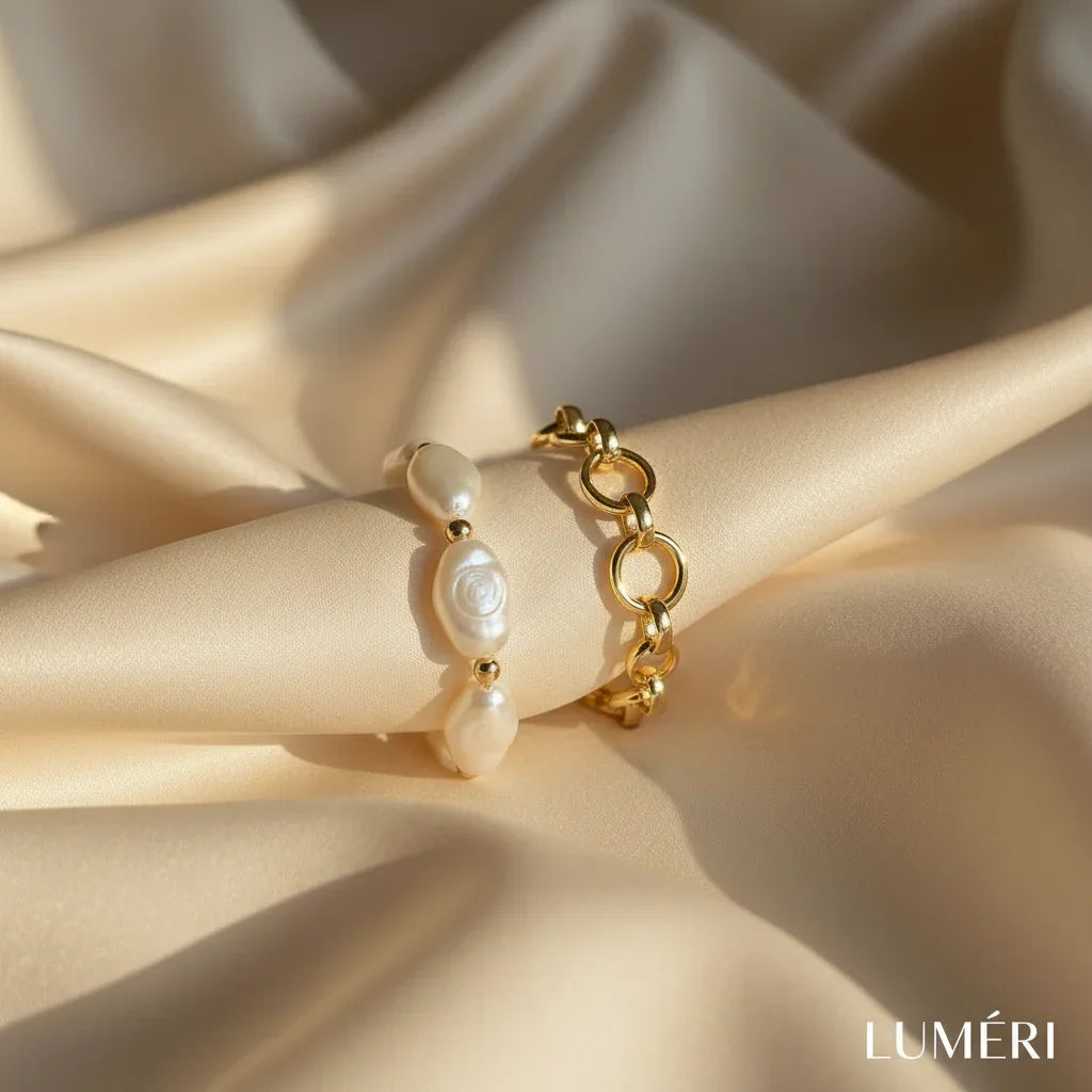 Luméri Aura | Pearl Chain Bracelet Set Adjustable Two Piece Minimalist Jewelry