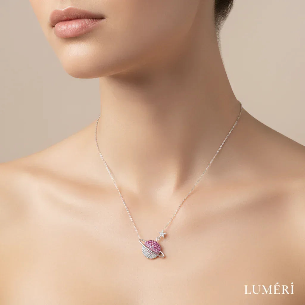 Luméri Bloom | 925 Sterling Silver Planet Necklace With Gradient Red Stone close-up detail – LUMÉRI