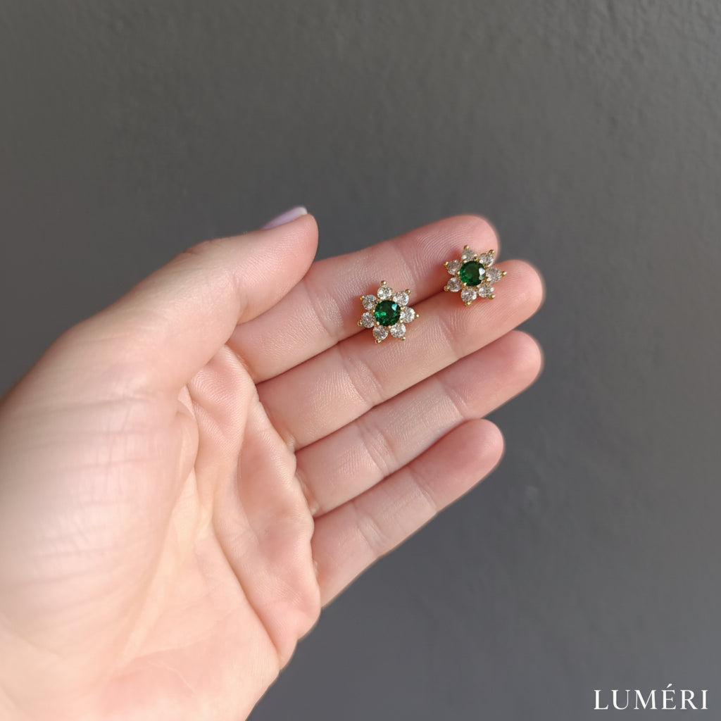 Luméri Bloom | 18k Gold Stud Earrings With Green Flower Cubic Zirconia – LUMÉRI luxury jewelry