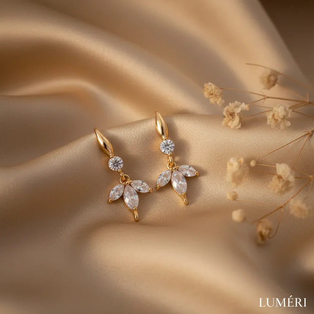 Luméri Bloom | 24 Karats Cubic Zirconia Flower Petals Hook Earrings close-up detail – LUMÉRI