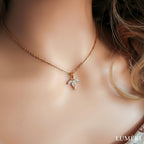 Luméri Bloom | 24 Karats Cz Dainty Flower Petals Pendant Necklace worn on model – LUMÉRI