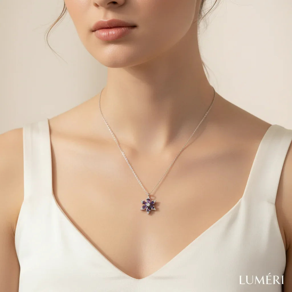Luméri Aura | 925 Sterling Silver Lotus Camellia With Amethyst Teardrop Stone close-up detail – LUMÉRI