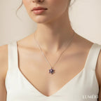 Luméri Aura | 925 Sterling Silver Lotus Camellia With Amethyst Teardrop Stone close-up detail – LUMÉRI