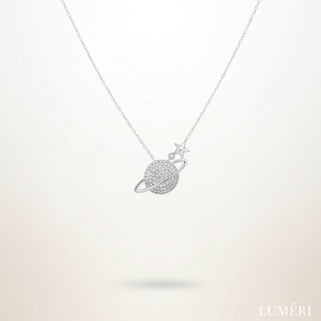Luméri Bloom | 925 Sterling Silver Saturn Planet Necklace With White Zircon Stone worn on model – LUMÉRI