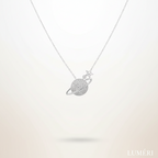Luméri Bloom | 925 Sterling Silver Saturn Planet Necklace With White Zircon Stone worn on model – LUMÉRI