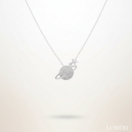 Luméri Bloom | 925 Sterling Silver Saturn Planet Necklace With White Zircon Stone worn on model – LUMÉRI