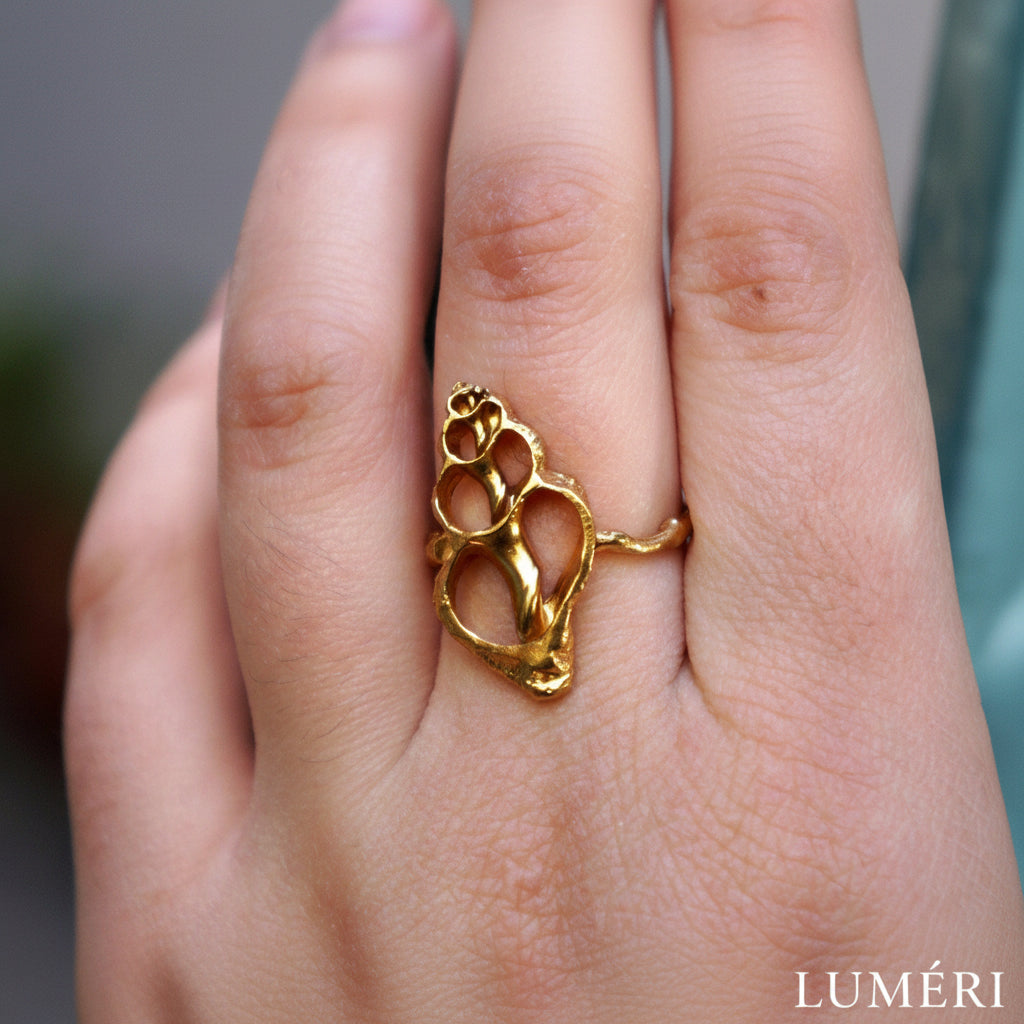 Luméri Bloom | Nature Inspired Ring Genuine Sea Shell Adjustable Gold Brass product photo – LUMÉRI