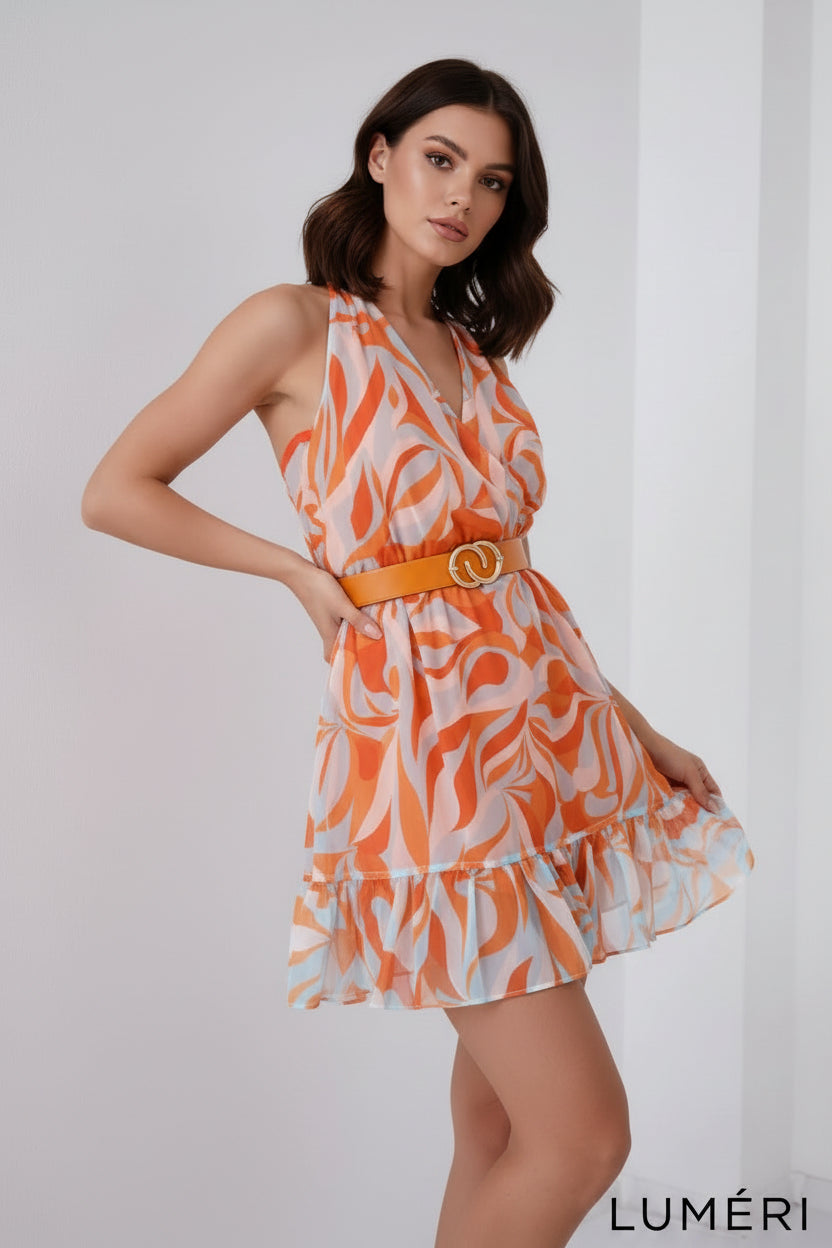 Luméri Muse | Light Patterned Dress With A Belt Mint Orange