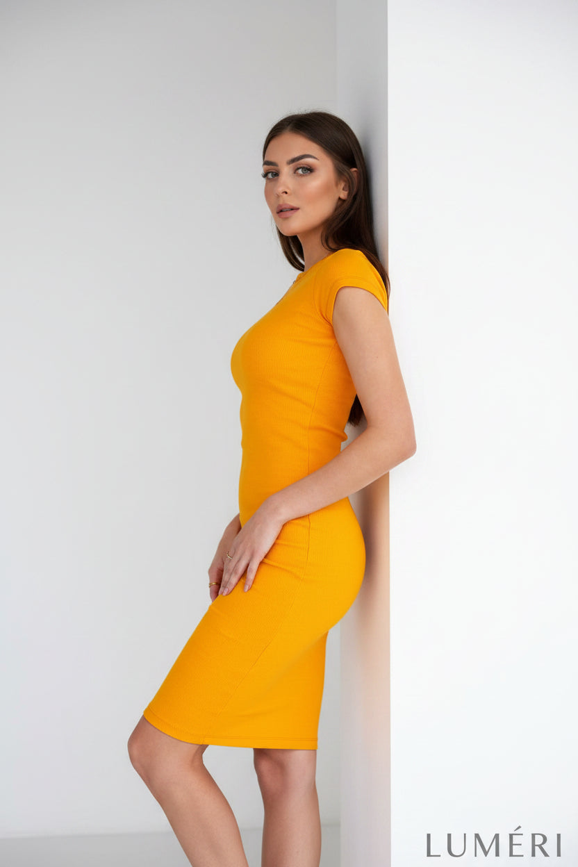 Luméri Muse | Mustard Short Sleeved Pencil Dress 4 – LUMÉRI