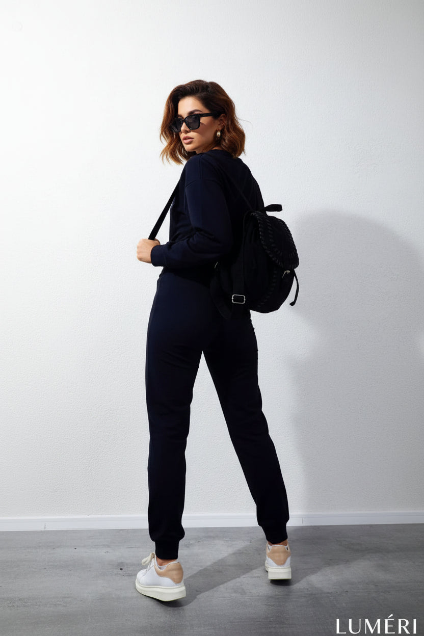 Luméri Leisure | Womens Tracksuit Set With An Application Navy Blue 2 worn on model – LUMÉRI