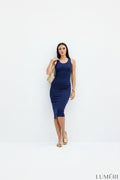 Luméri Muse | Navy Blue Midi Dress With Straps Fitted 1 – LUMÉRI
