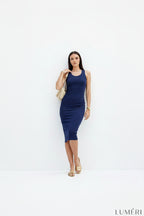 Luméri Muse | Navy Blue Midi Dress With Straps Fitted 1 – LUMÉRI